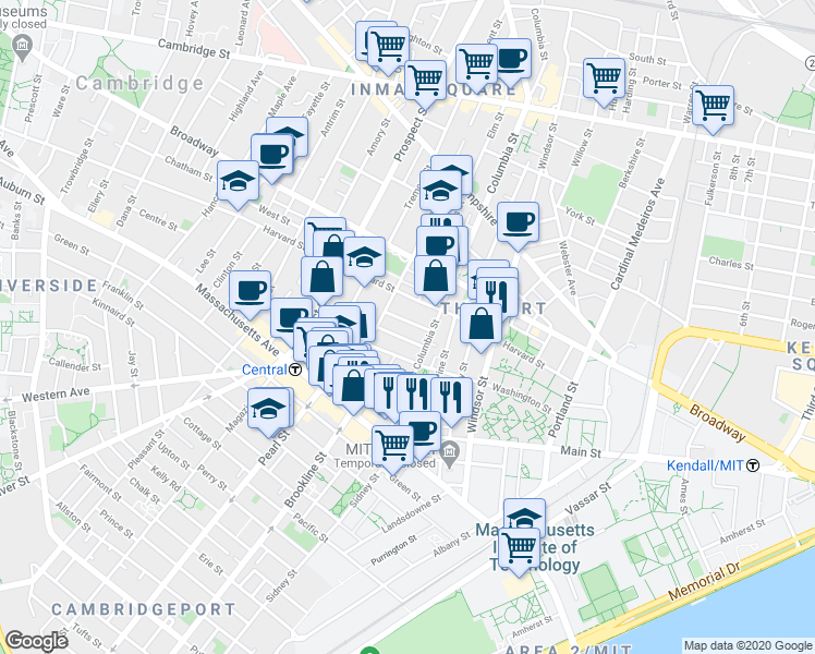 map of restaurants, bars, coffee shops, grocery stores, and more near in Cambridge
