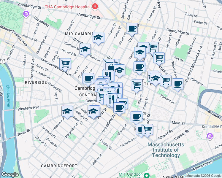 map of restaurants, bars, coffee shops, grocery stores, and more near 5 Ashburton Place in Cambridge