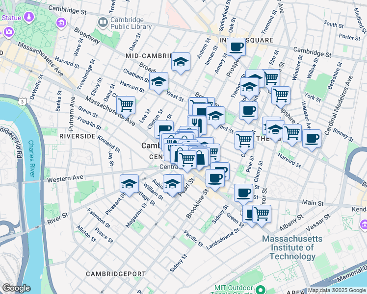 map of restaurants, bars, coffee shops, grocery stores, and more near in Cambridge