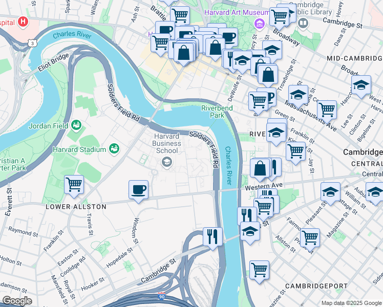 map of restaurants, bars, coffee shops, grocery stores, and more near in Boston
