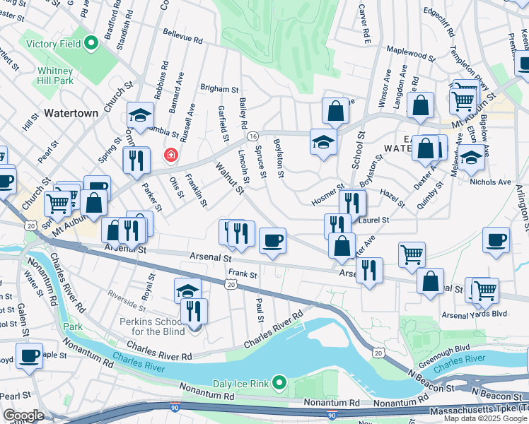 map of restaurants, bars, coffee shops, grocery stores, and more near 114 Walnut Street in Watertown