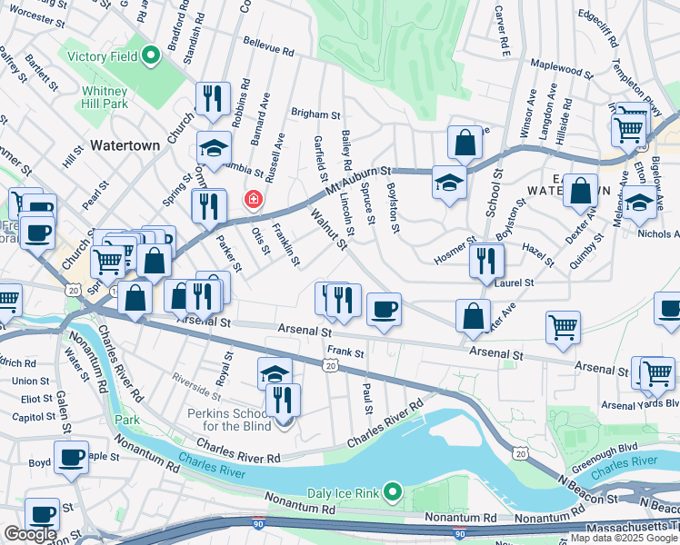 map of restaurants, bars, coffee shops, grocery stores, and more near 85 Walnut Street in Watertown