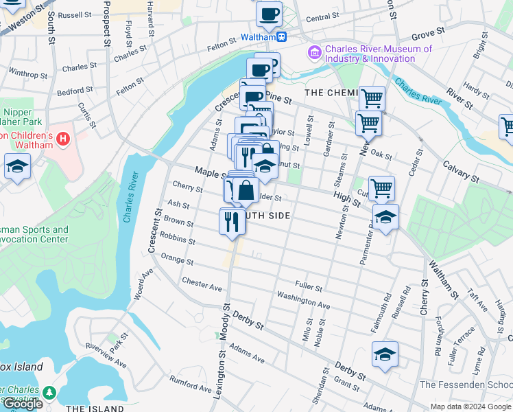 map of restaurants, bars, coffee shops, grocery stores, and more near 33 Myrtle Street in Waltham