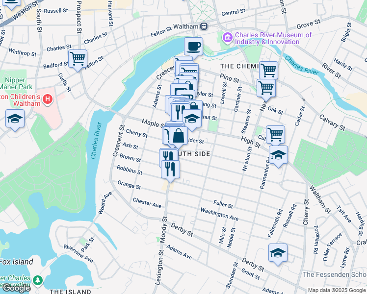 map of restaurants, bars, coffee shops, grocery stores, and more near 596 Moody Street in Waltham
