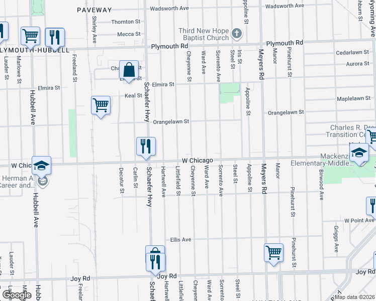 map of restaurants, bars, coffee shops, grocery stores, and more near 13242 West Chicago in Detroit