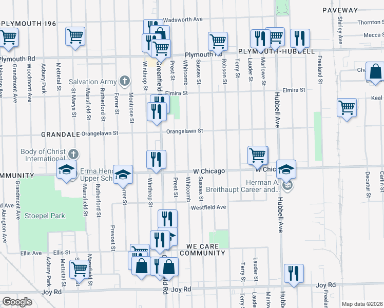 map of restaurants, bars, coffee shops, grocery stores, and more near 9531 Sussex Street in Detroit