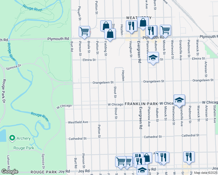 map of restaurants, bars, coffee shops, grocery stores, and more near 9600 Fielding Street in Detroit