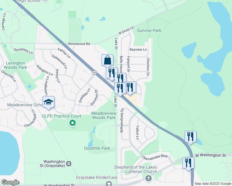 map of restaurants, bars, coffee shops, grocery stores, and more near 1278 North Illinois 83 in Grayslake