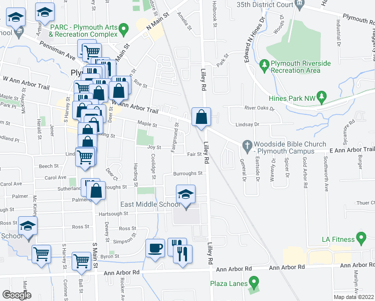 map of restaurants, bars, coffee shops, grocery stores, and more near 753 Virginia Street in Plymouth