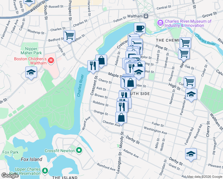 map of restaurants, bars, coffee shops, grocery stores, and more near 132 Adams Street in Waltham