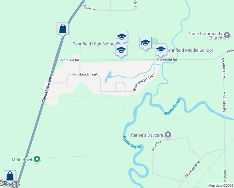 map of restaurants, bars, coffee shops, grocery stores, and more near 241 Wanondoger Trail in Battle Creek