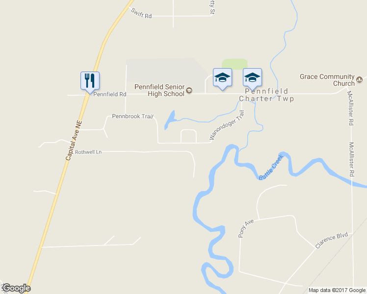 map of restaurants, bars, coffee shops, grocery stores, and more near 241 Wanondoger Trail in Battle Creek