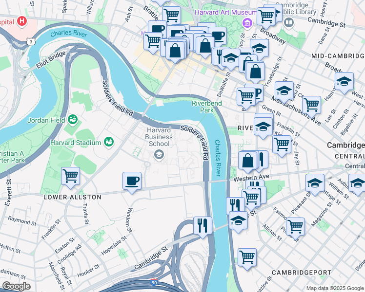 map of restaurants, bars, coffee shops, grocery stores, and more near 25 Harvard Way in Boston