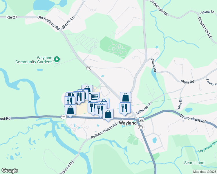 map of restaurants, bars, coffee shops, grocery stores, and more near 9 Hastings Way in Wayland