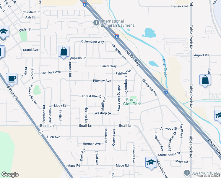 map of restaurants, bars, coffee shops, grocery stores, and more near 1136 Coachman Drive in Central Point