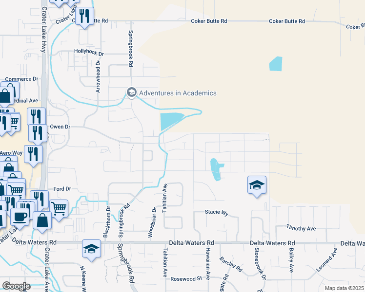 map of restaurants, bars, coffee shops, grocery stores, and more near 3445 Durst Street in Medford
