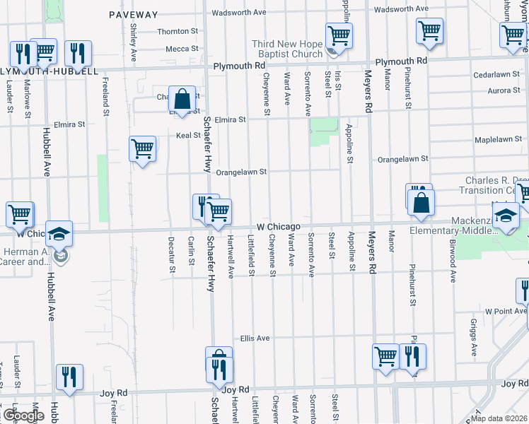 map of restaurants, bars, coffee shops, grocery stores, and more near 13242 West Chicago in Detroit