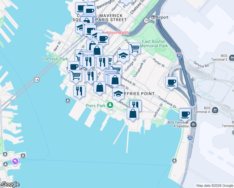 map of restaurants, bars, coffee shops, grocery stores, and more near 141 Webster Street in Boston