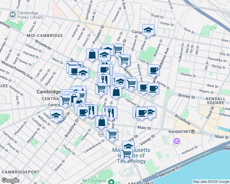 map of restaurants, bars, coffee shops, grocery stores, and more near 151R Cherry Street in Cambridge