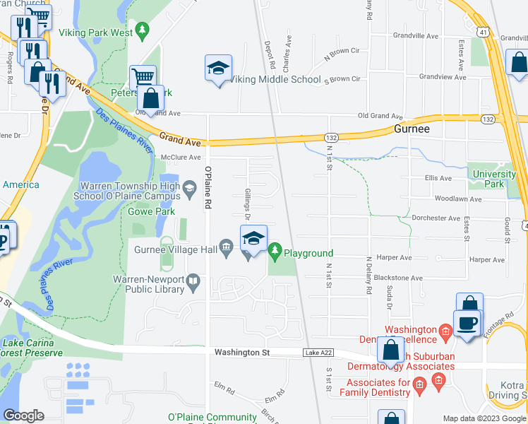 map of restaurants, bars, coffee shops, grocery stores, and more near 4375 Eagle Court in Gurnee