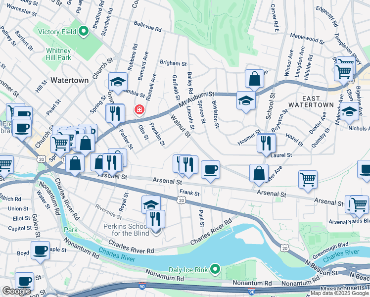 map of restaurants, bars, coffee shops, grocery stores, and more near 20 Birch Road in Watertown