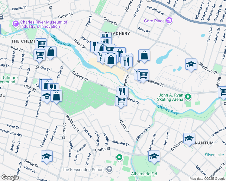 map of restaurants, bars, coffee shops, grocery stores, and more near 251 Calvary Street in Waltham