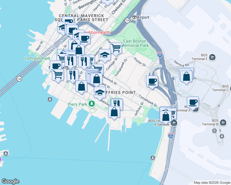 map of restaurants, bars, coffee shops, grocery stores, and more near 430 Sumner Street in Boston