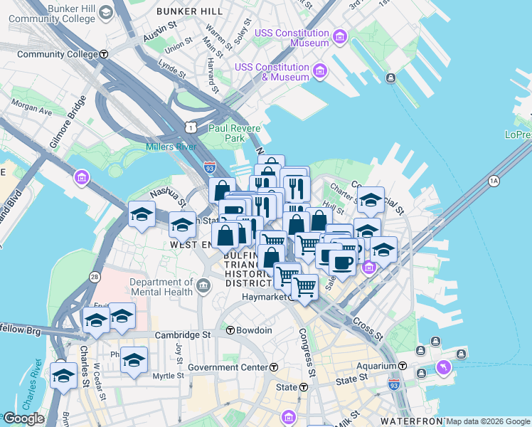 map of restaurants, bars, coffee shops, grocery stores, and more near 226 Causeway Street in Boston
