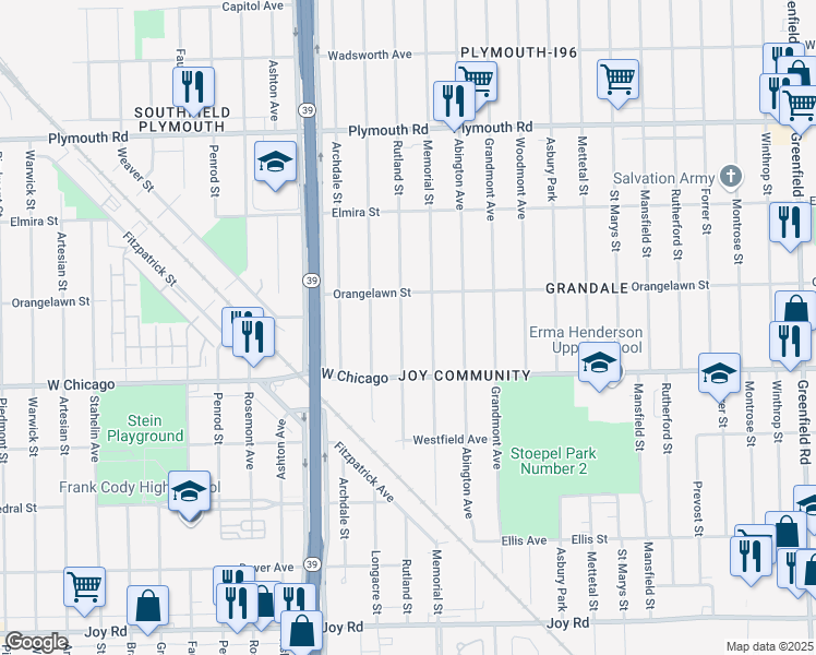 map of restaurants, bars, coffee shops, grocery stores, and more near 9596 Rutland Street in Detroit