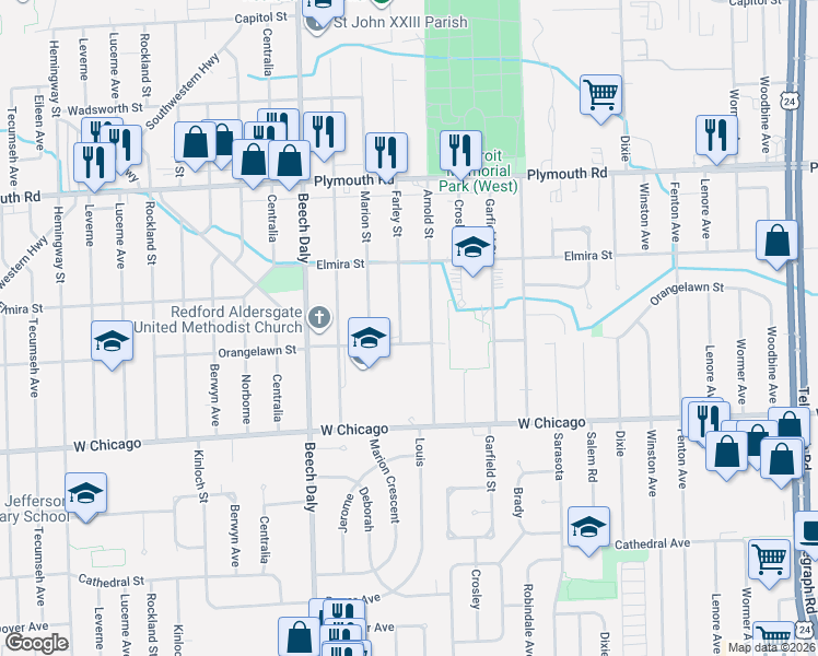 map of restaurants, bars, coffee shops, grocery stores, and more near 9902 Farley in Redford Charter Township