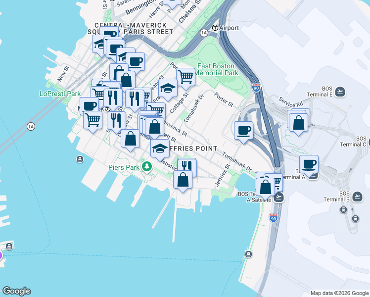 map of restaurants, bars, coffee shops, grocery stores, and more near 430 Sumner Street in Boston