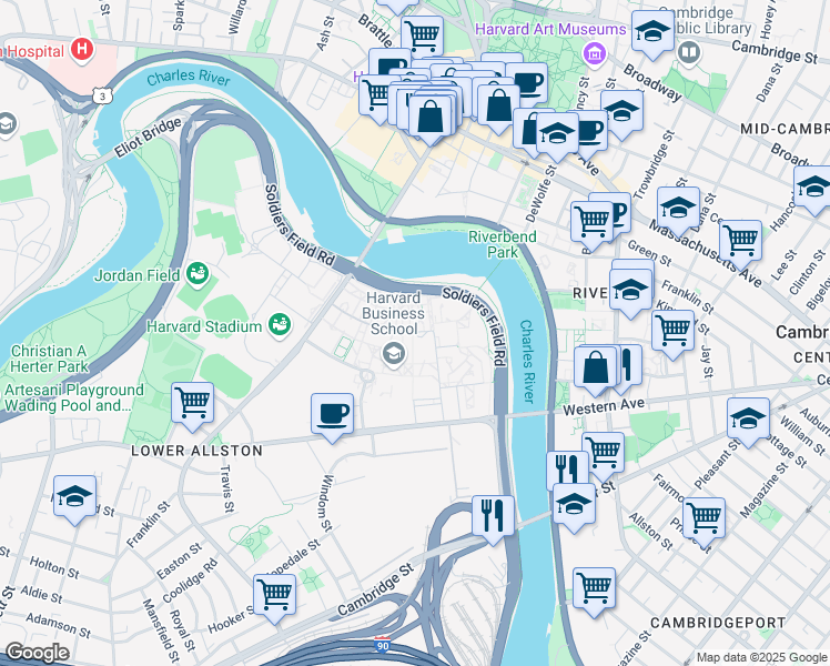 map of restaurants, bars, coffee shops, grocery stores, and more near 45 Harvard Way in Boston