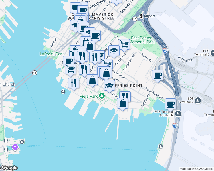 map of restaurants, bars, coffee shops, grocery stores, and more near 141 Webster Street in Boston