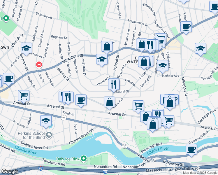 map of restaurants, bars, coffee shops, grocery stores, and more near 104 School Street in Watertown