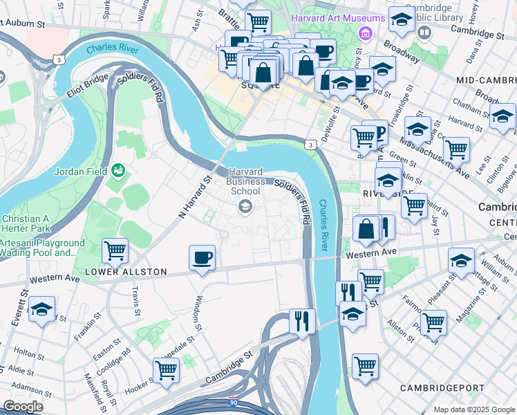 map of restaurants, bars, coffee shops, grocery stores, and more near 51 Harvard Way in Boston