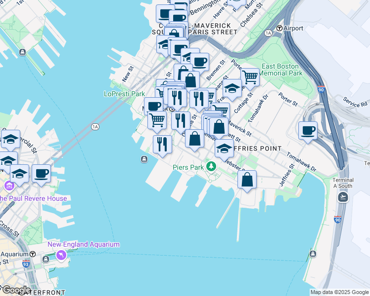 map of restaurants, bars, coffee shops, grocery stores, and more near 74 Marginal Street in Boston