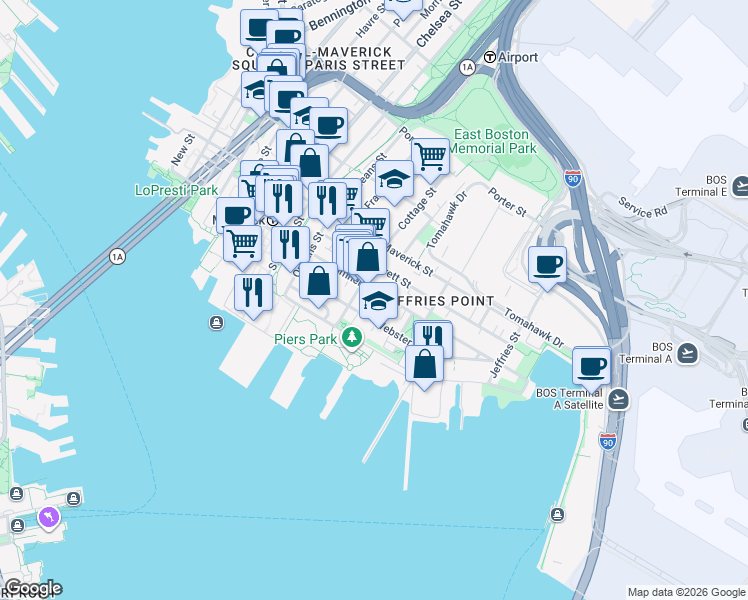 map of restaurants, bars, coffee shops, grocery stores, and more near 141 Webster Street in Boston