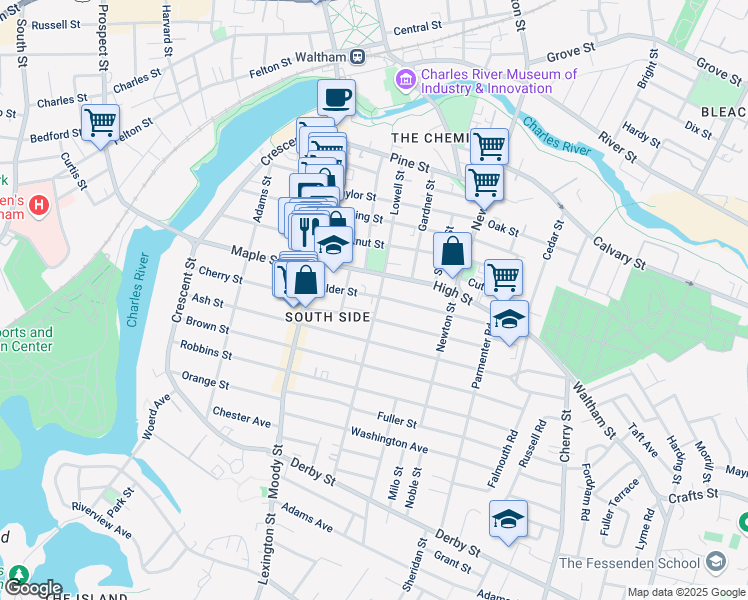 map of restaurants, bars, coffee shops, grocery stores, and more near 65 Myrtle Street in Waltham
