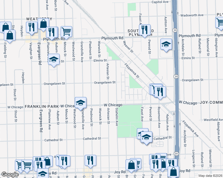 map of restaurants, bars, coffee shops, grocery stores, and more near 9566 Artesian Street in Detroit