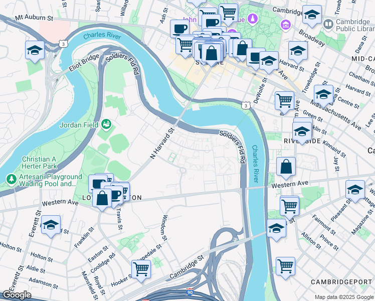 map of restaurants, bars, coffee shops, grocery stores, and more near 25 Harvard Way in Boston