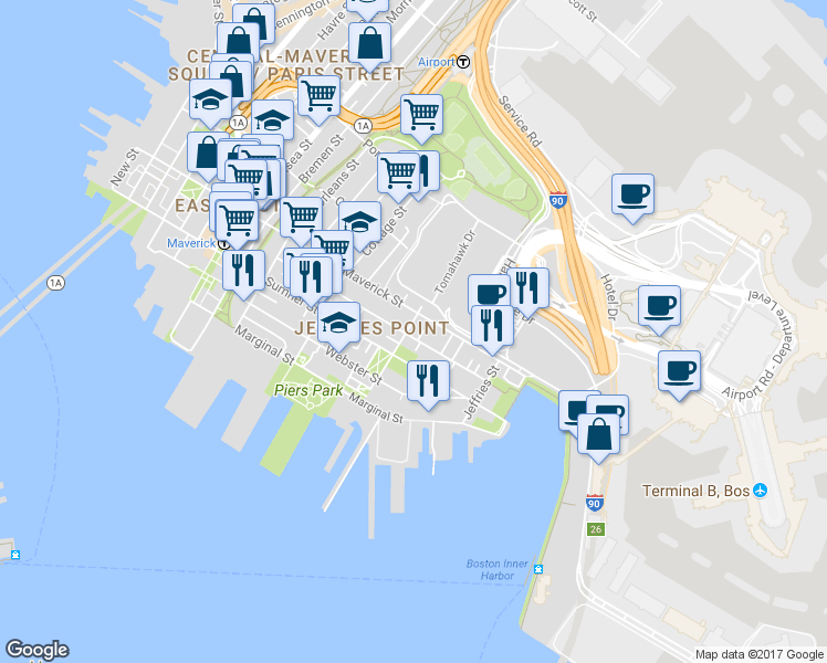 map of restaurants, bars, coffee shops, grocery stores, and more near 430 Sumner Street in Boston
