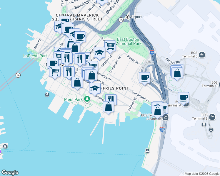 map of restaurants, bars, coffee shops, grocery stores, and more near 430 Sumner Street in Boston