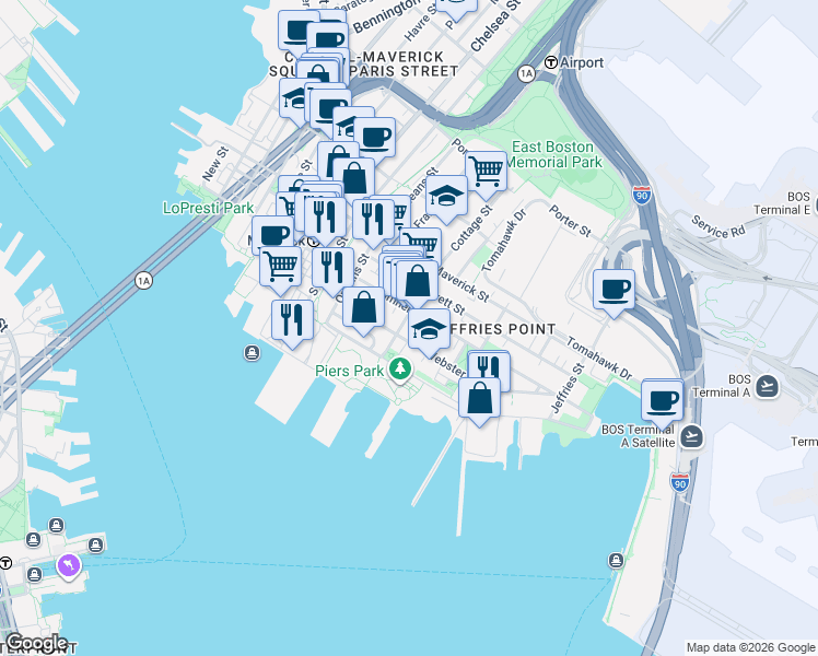 map of restaurants, bars, coffee shops, grocery stores, and more near 141 Webster Street in Boston