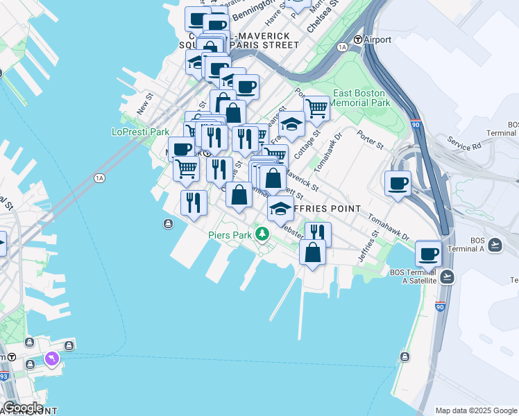 map of restaurants, bars, coffee shops, grocery stores, and more near 110A Marginal Street in Boston