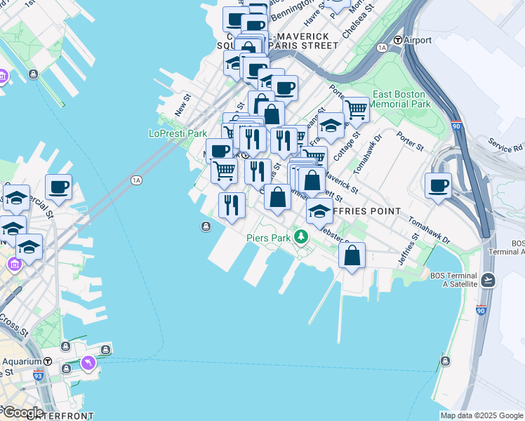 map of restaurants, bars, coffee shops, grocery stores, and more near 74 Marginal Street in Boston