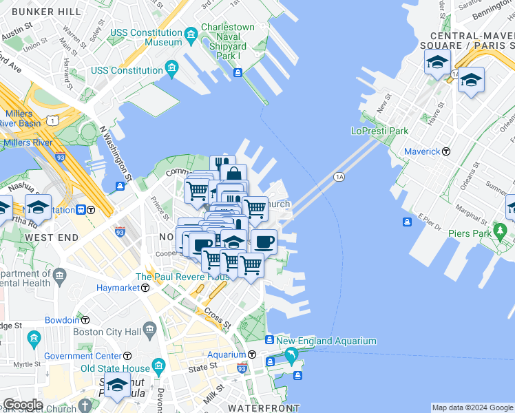 map of restaurants, bars, coffee shops, grocery stores, and more near 7 Powers Court in Boston