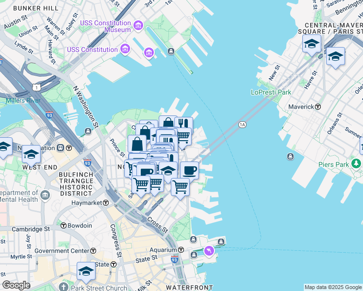 map of restaurants, bars, coffee shops, grocery stores, and more near 7 Powers Court in Boston