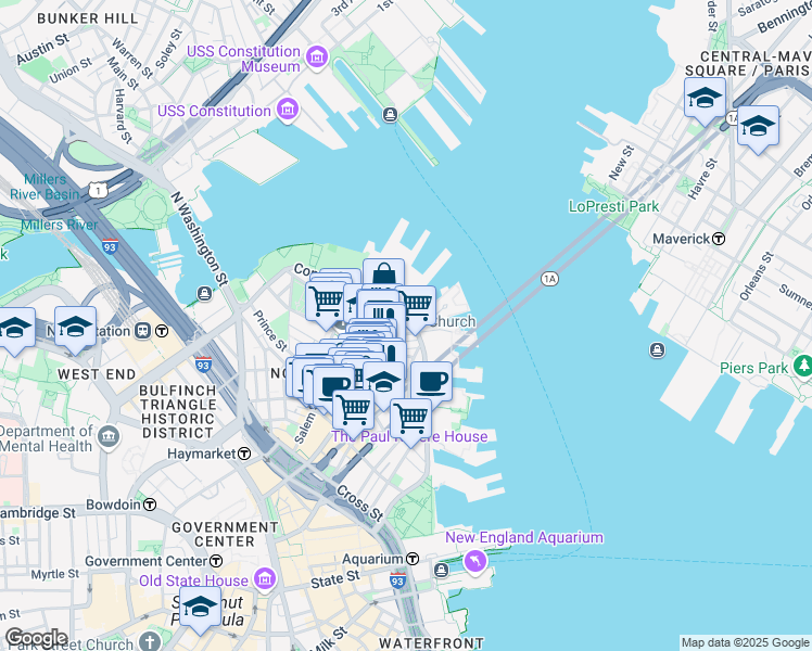 map of restaurants, bars, coffee shops, grocery stores, and more near 7 Powers Court in Boston