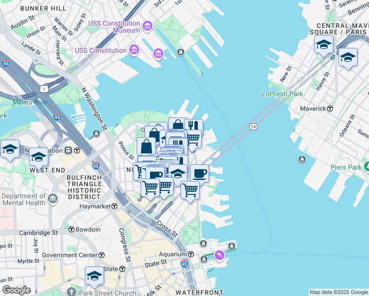 map of restaurants, bars, coffee shops, grocery stores, and more near 7 Powers Court in Boston