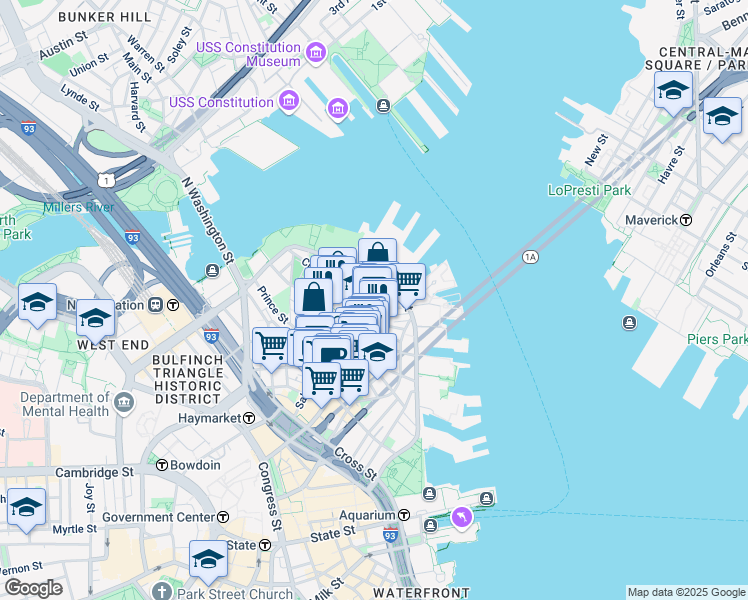 map of restaurants, bars, coffee shops, grocery stores, and more near 4 Charter Street in Boston